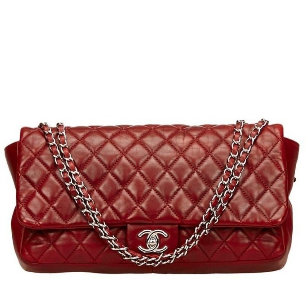 Authentic CHANEL Lambskin Quilted Large Jumbo Flap Bag Purse Coco Rain Red Tote
